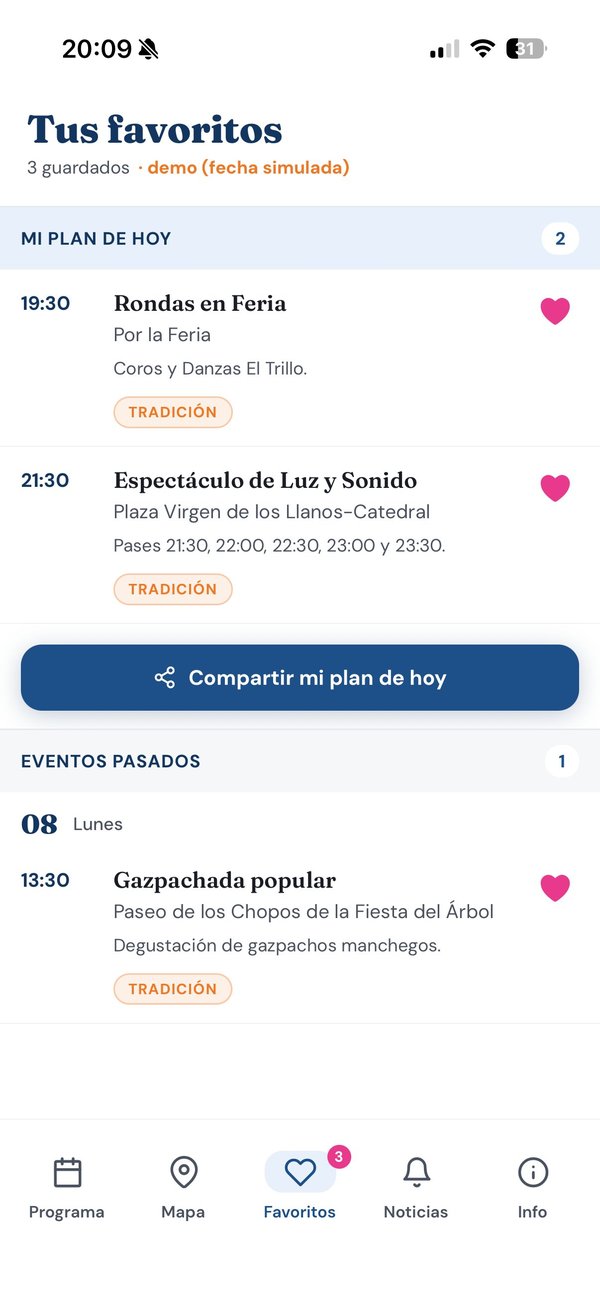 Captura de la pantalla de favoritos de la app